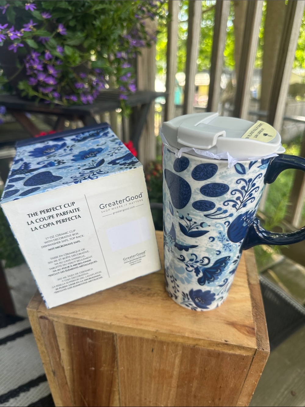 GreaterGood Blue Floral Ceramic Travel Mug with Lid plus matching gift box